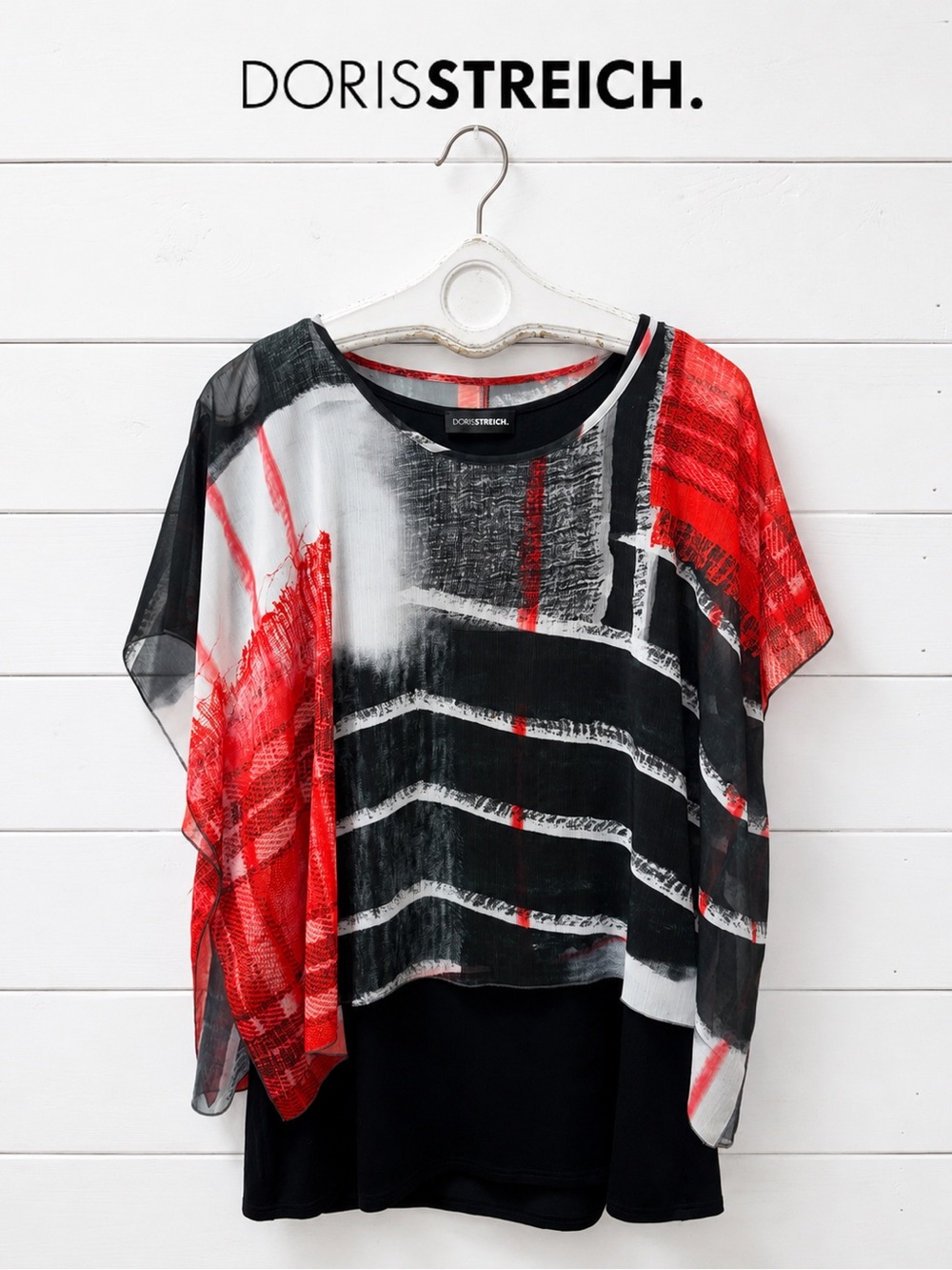 DORIS STREICH Red Black Abstract Print Overlay Top Size 42 / L